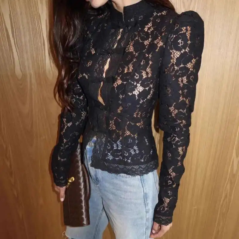 Aiertu  -  Long Sleeve Lace Elegant Shirt Women Top Autumn Stand Collar Single-breasted Slim Temperament See Through Shirts Aiertu