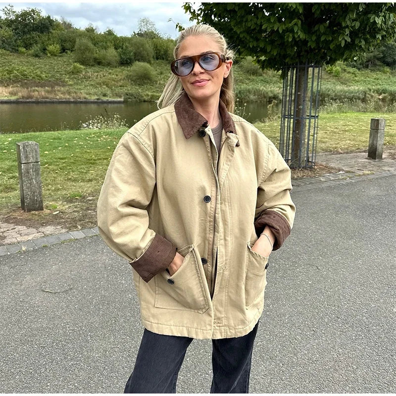 Aiertu     -  Fall Outfits 2026 Casual Patchwork Lapel Jacket Women Loose Contrast Long Sleeve Single Breasted Pockets Coat 2026 Autumn New Lady Fashion Outwear Aiertu