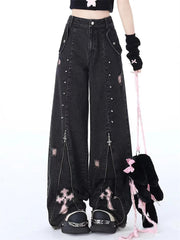 Aiertu  -  Women's Zipper Splicing Design Black Gray Jeans Cool Girl High Waisted Fashion Loose Pants Female Straight Retro Denim Trousers Aiertu
