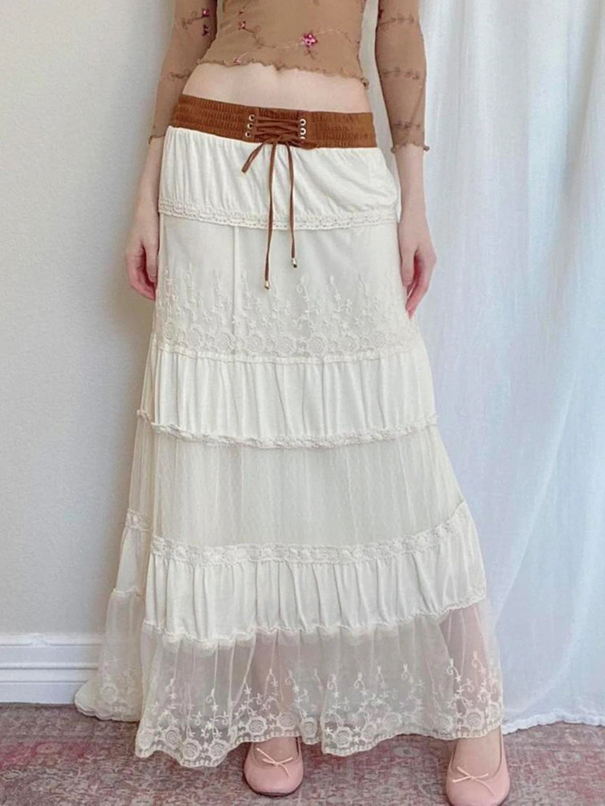 Aiertu  -  Summer Elegant Lace Skirt Vintage Contrast Bandage Low Rise Straight Loose Long Skirts for Holiday Women Casual Clothing Aiertu