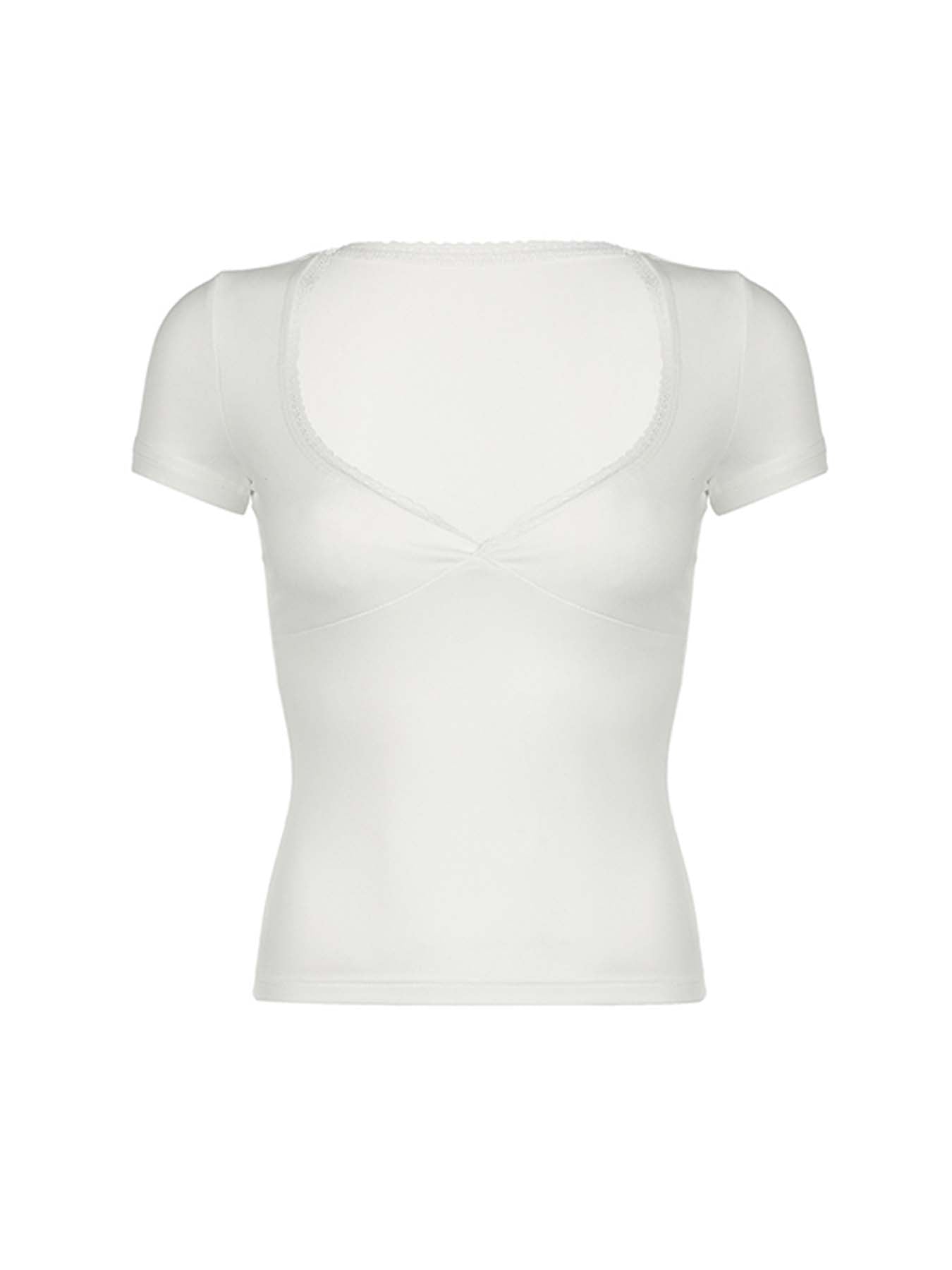 Aiertu - summer inspo Hot Black Solid Slim Elegant Basic Short Sleeve Tees Lace Trim Cute Y2K V Neck White T Shirts Women Summer Streetwear Tops Aiertu