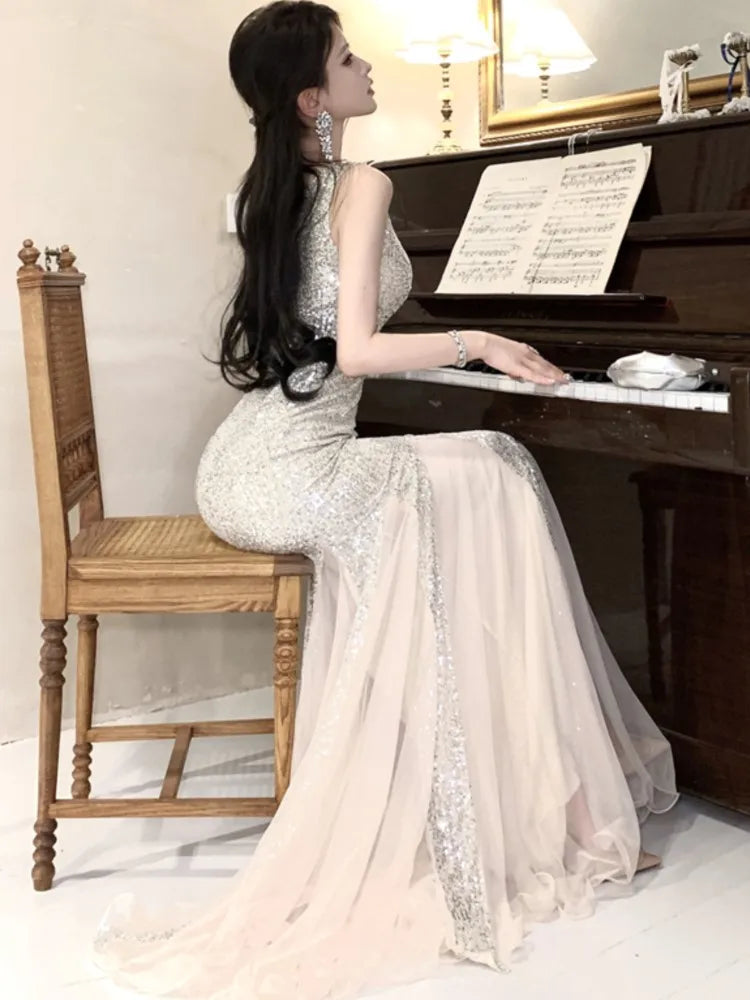 Aiertu  -  Sexy Sequins Mermaid Dress Women Elegant Sleeveless Mesh Patchwork Evening Party Dresses Summer Slim Waist Vestidos Long Robe Aiertu