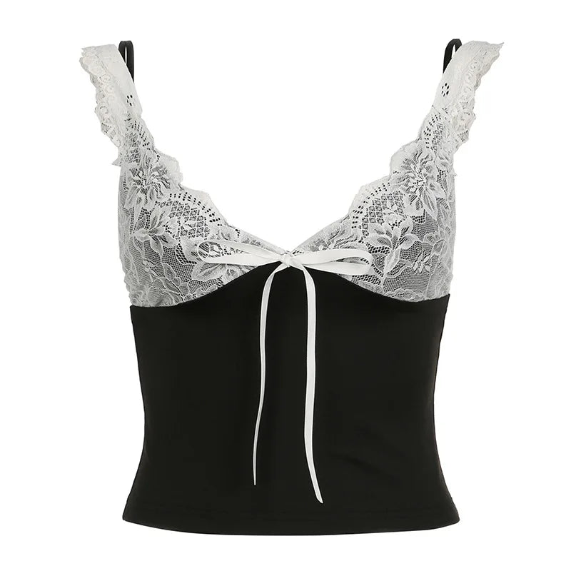 Aiertu  -  V-neck Lace Suspender Top 2026 Summer Sexy Stitching Contrasting Color Vest Top Women's Hot Girl Fashion T-shirt Pullover Aiertu