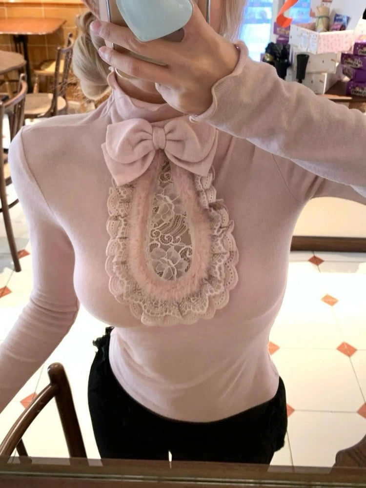 Aiertu  -  Winter Lace Hollow Out Sweet Y2k Aesthetic Women's Tees Fairy Fur Patchwork Bodycon Tops Kawaii Cute Half High Collar T-shirts Aiertu