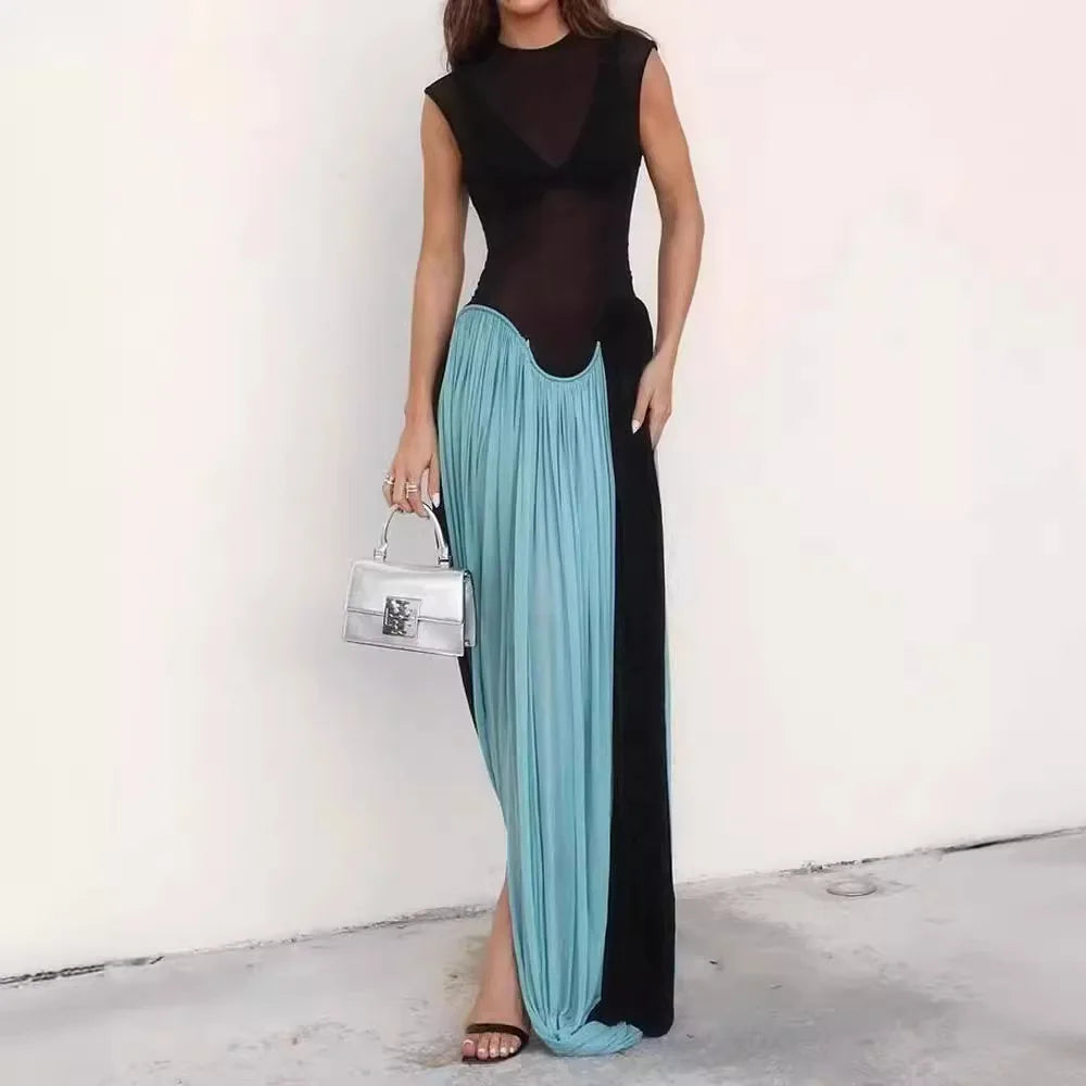 Aiertu  -  Women Vacation Clothing Vestidos Elegantes Para Mujeres Black Mesh Sheer Patchwork Blue Long Luxury Dress For Summer Aiertu