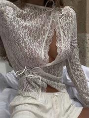 Aiertu  -  New Long Sleeve Lace Hollow Cardigan Top Sexy Through Slim Fit Hot Girl Bandage Solid Color Female Club Party Y2K T Shirt Aiertu