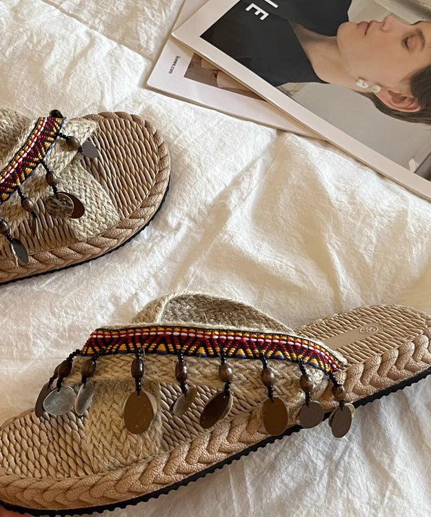 Aiertu  Knit Fabric Boho Splicing Tassel Peep Toe Slide Sandals Aiertu