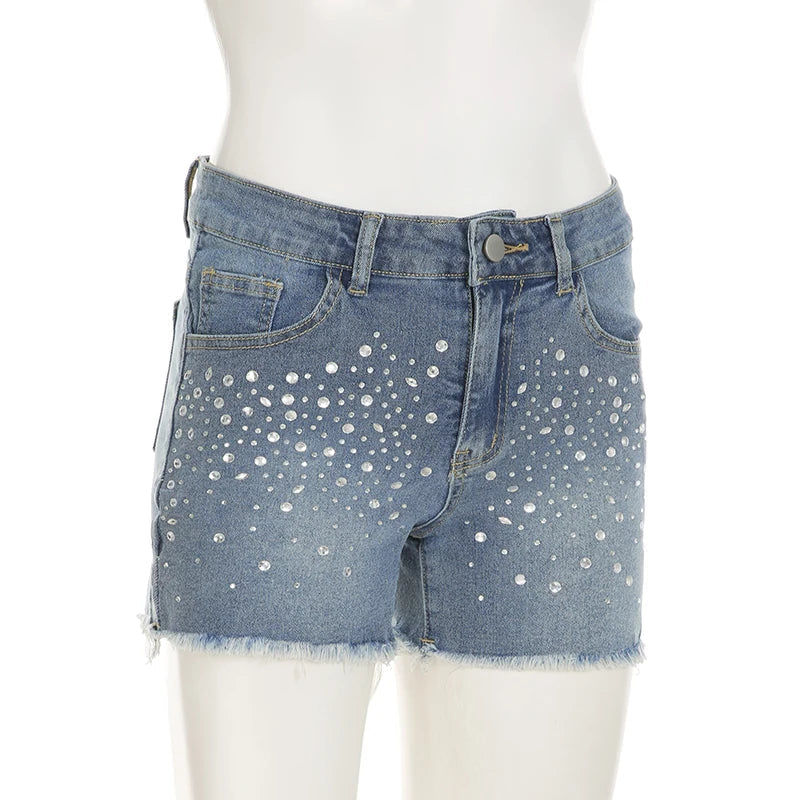 Aiertu  -  y2k Rhinestone Denim Shorts Summer Casual Low Rise Skinny Short Jeans for Women Streetwear All-match Shorts Harajuku 90s Aiertu