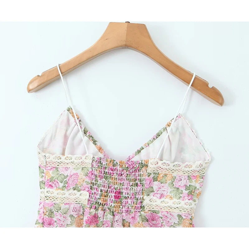 Aiertu  -  New Women Lace Trim Floral Print Camis Sexy Sleeveless V Neck Female Summer Boho Crop Top Aiertu