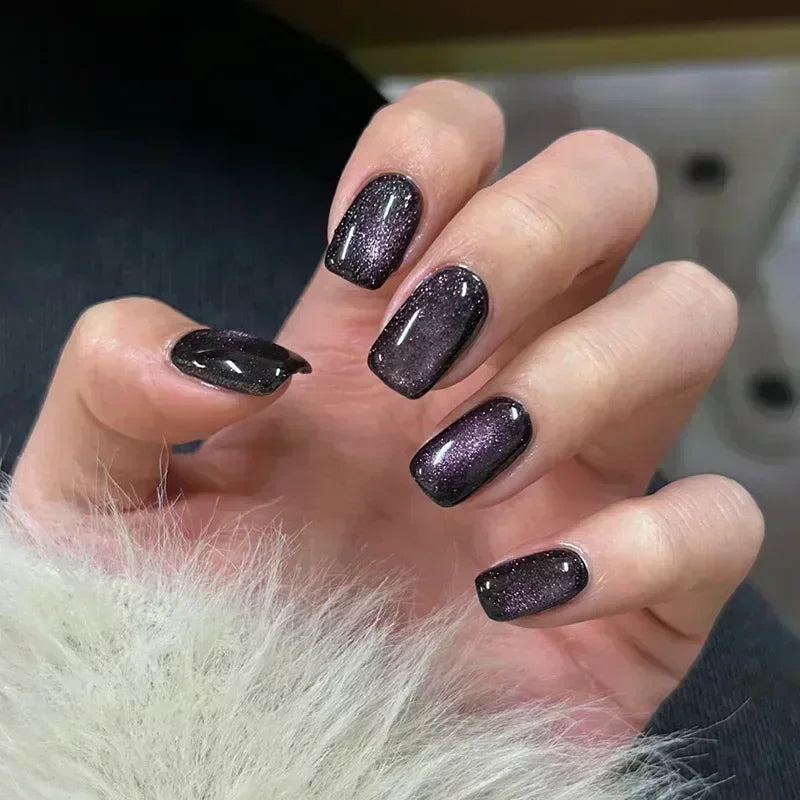 Aiertu 24Pcs Short False Nails Aurora Cat Eye with French Design Simple Metallic Full Cover Wearable Chrome Press on Fake Nails Tips Aiertu