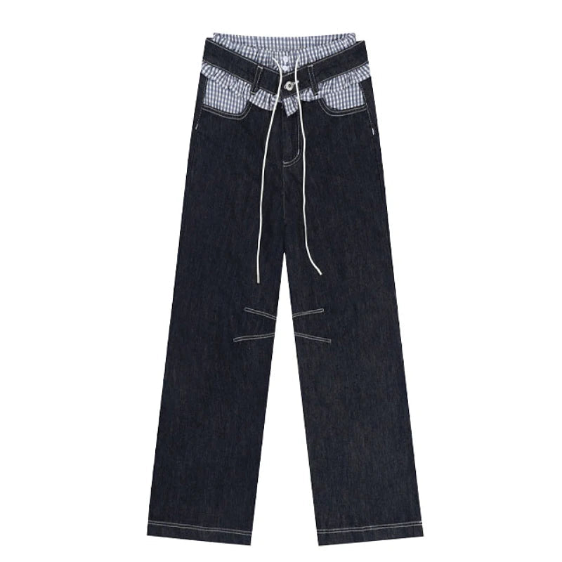 Aiertu  -  Drawstring Waist Patchwork Baggy Jeans Women Vintage Wash Wide Leg Frilly Striped Denim Pants Korean Y2k Streetwear Aiertu