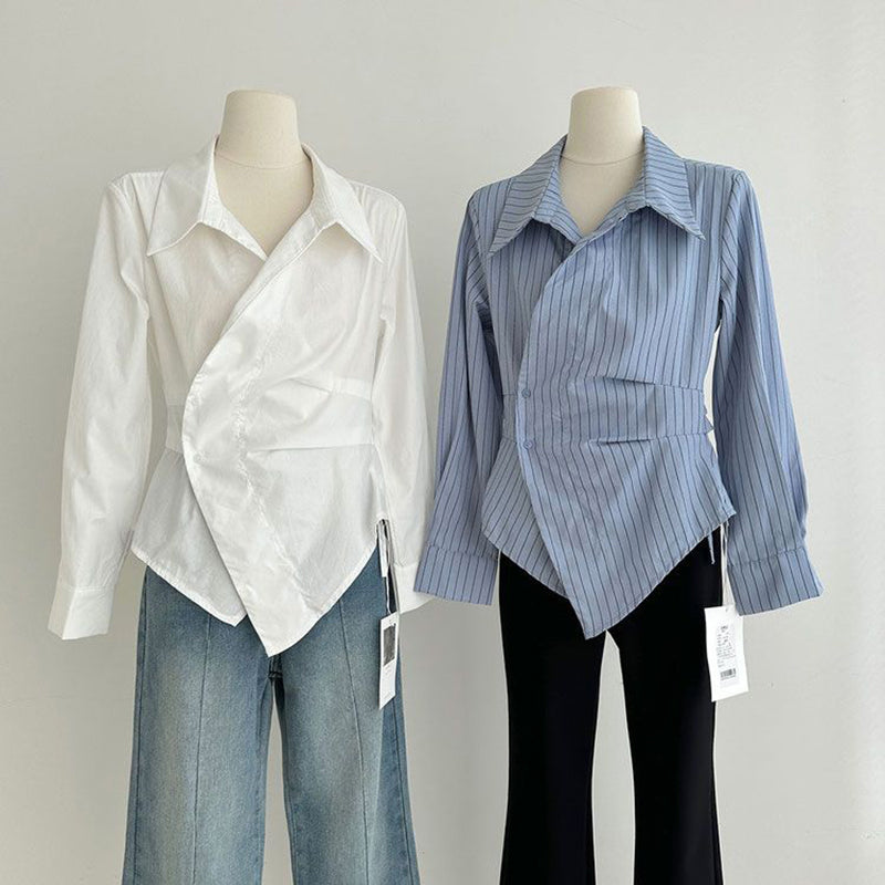 Aiertu Elegant Striped Shirts Women Vintage Irregular White Blouses Ladies Korean Long Sleeve Chic Buttons Slim Design Tops New Aiertu