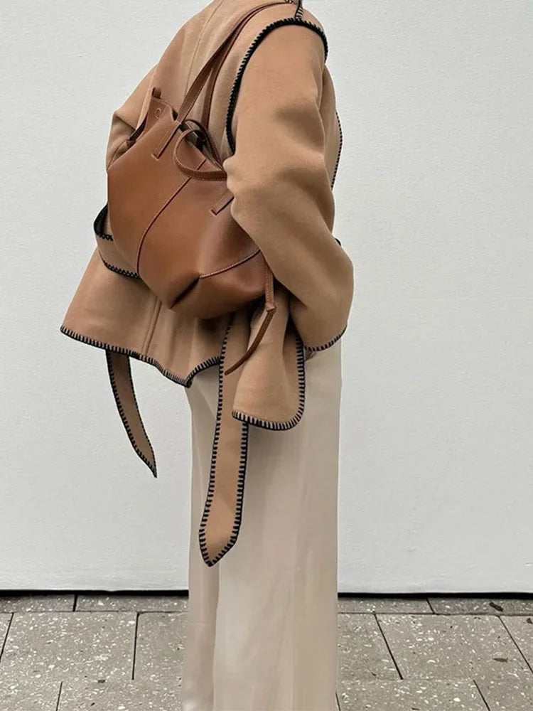 Aiertu  -  Women Fashion With Belt Wool Loose Coat Casual V Neck Long Sleeve Patchwork Overcoat 2026 Lady Autumn Winter Streetwear Coats Aiertu