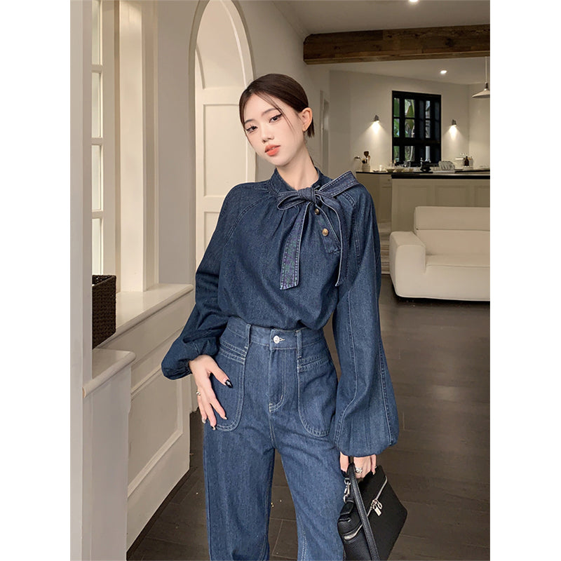 Aiertu Elegant Bow Denim Shirts Women Vintage Bandage Jeans Blouses Streetwear Korean Puff Long Sleeve Casual All Match Tops New Aiertu