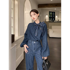 Aiertu Elegant Bow Denim Shirts Women Vintage Bandage Jeans Blouses Streetwear Korean Puff Long Sleeve Casual All Match Tops New Aiertu