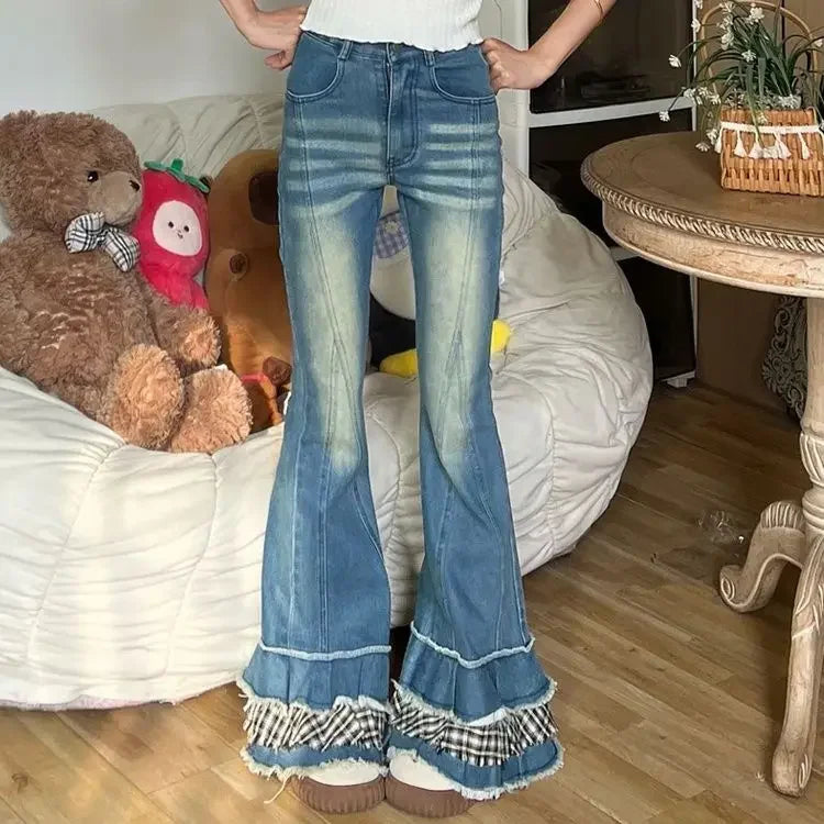 Aiertu  -  Y2k 2000s Distressed Bootcut Cake Pants Women Vintage Patchwork Plaid Whiskers High Waist Flare Jeans Kawaii Bell Bottoms Aiertu