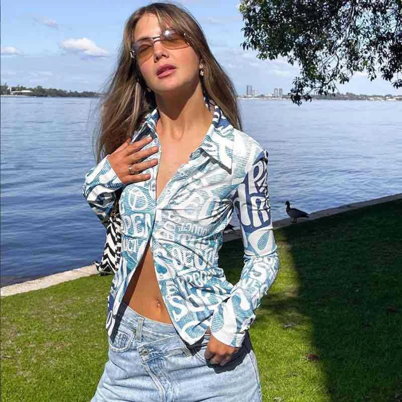 Aiertu  -  Letter Print Long Sleeve T Shirts Blue Sexy Women V Neck Black Autumn Summer Casual Crop Tops Fashion Aiertu
