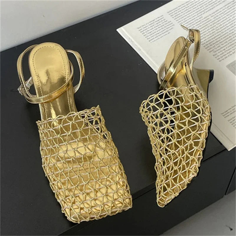 Aiertu  -  Street Style Breathable Holes Mesh Square Toe Woman Pumps Fashion Buckle Strap High Heels Mules Summer Shoes Aiertu