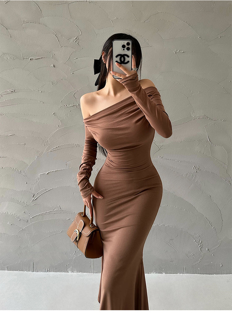 Aiertu Solid Color Slim Off The Shoulder Long Sleeve Dress Aiertu