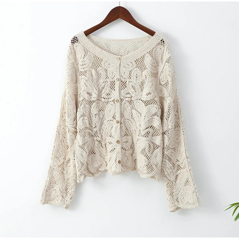 Aiertu  -  Elegant Floral Hollow Out Shirt For Women Single Button O Neck Long Sleeve Blouse Chic Fashion Female Commuting Streetwear Aiertu