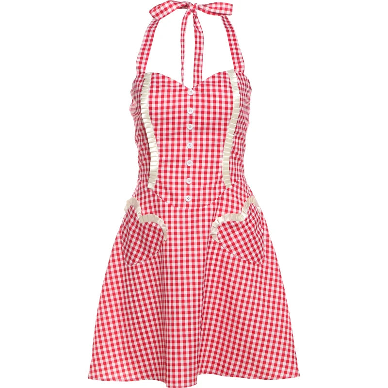 Aiertu  -  Puss Plaid Patchwork Mini Dress Women Lace-Up Halter Button Decorated Backless Vacation Street Sweet Style Fashion Outfits Aiertu