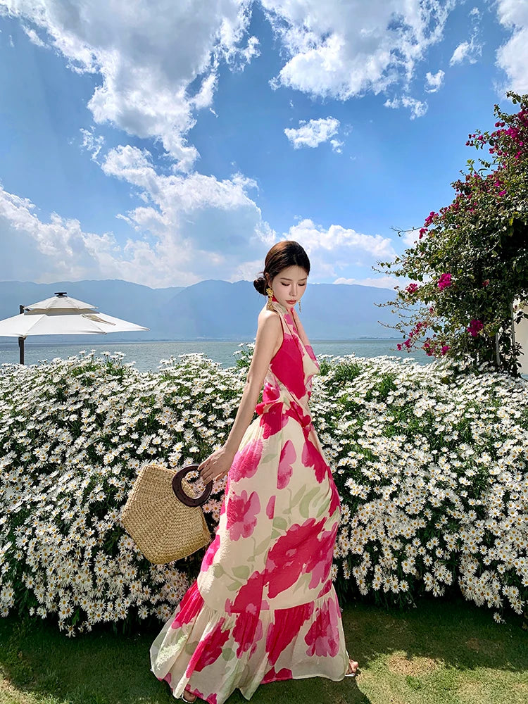 Aiertu  -  Rose Red Halter Neck Backless Long Dress for Women's Summer Seaside Vacation Style Colorful Printed A-line Dress Female Clothes Aiertu