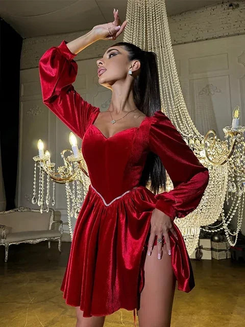 Aiertu  -  party look snspos Sexy Velvet Strapless Short Party Dress Women Off Shoulder Long Sleeve Bandage Dresses Autumn Lady Christmas Evening Robes Aiertu