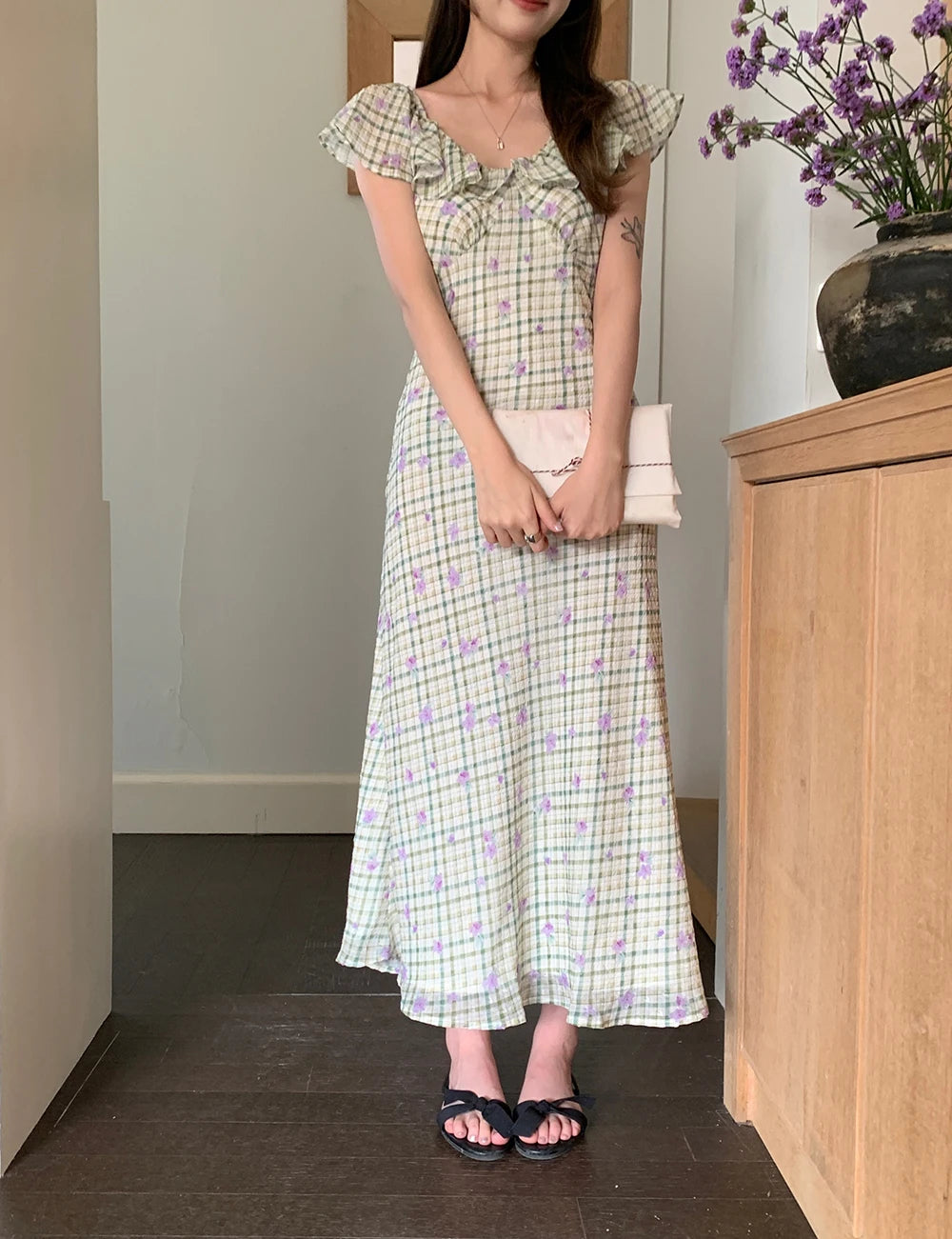 Aiertu  Sweet Long Floral Plaid Summer Chiffon Dress Women Sashes Flying Sleeve A-line Midi Sundress Female Woman Clothes 2025 Aiertu