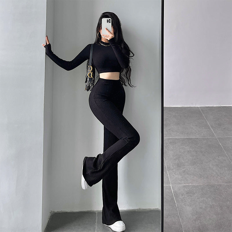 Aiertus Solid Color Ribbed Slim Long Sleeve Cropped Top High Waist Pants Matching Set Aiertu
