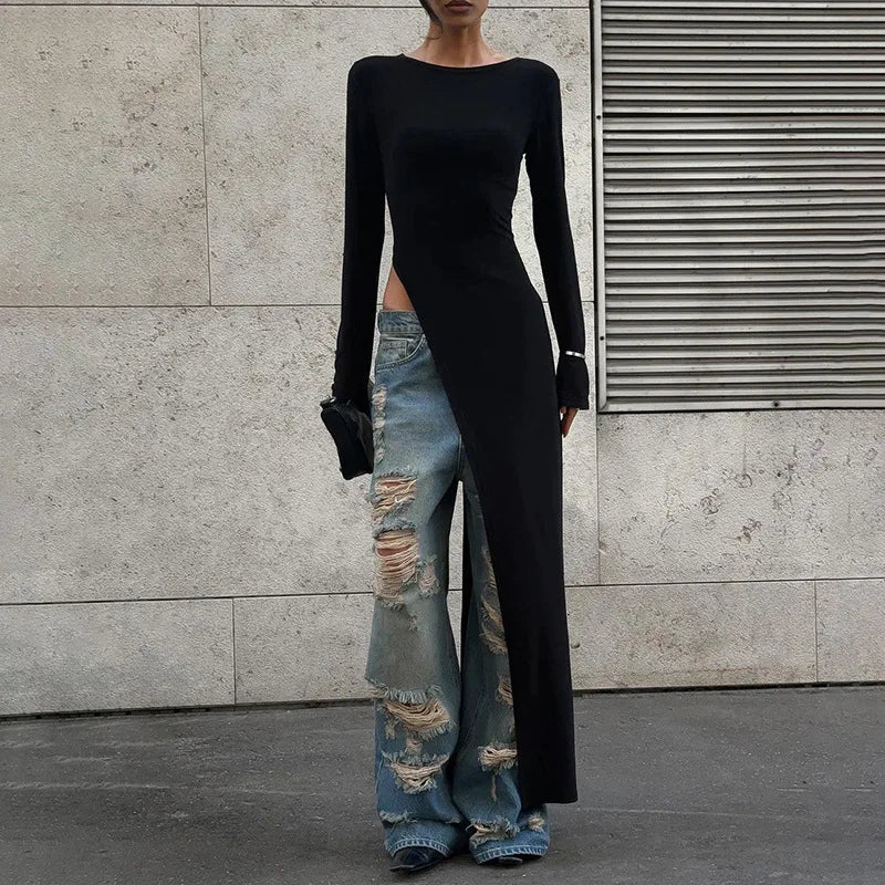 Aiertu  -   Asymmetrical Long Sleeve Black Dress Fashion Outfits Round Neck Chic Top Club Party High Rise Split Dresses Fall Aiertu