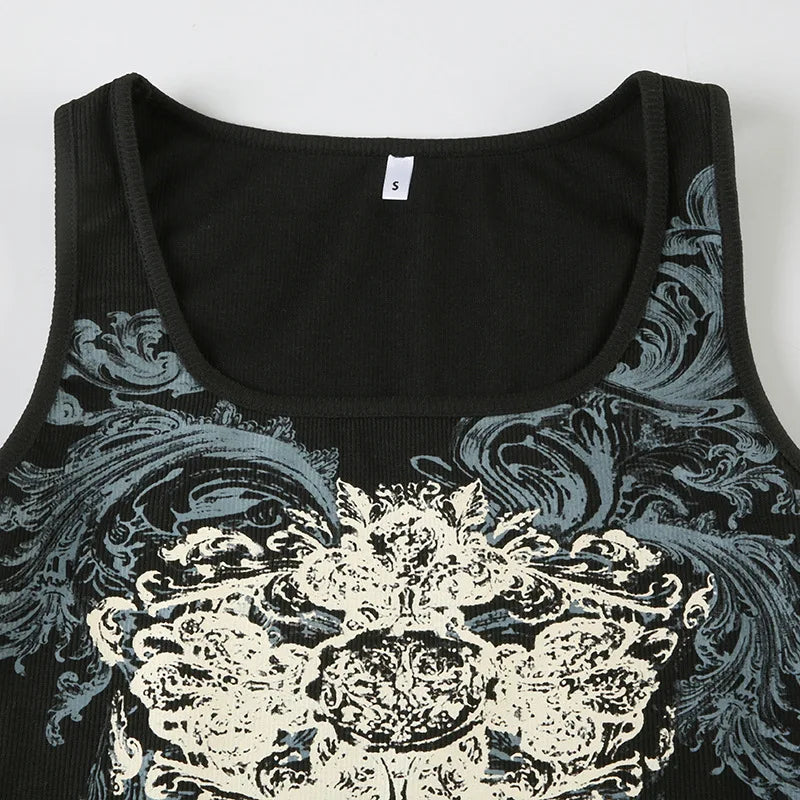 Aiertu  -  Dark style retro printed vest top round neck slim pullover sleeveless knitted top for women summer Aiertu