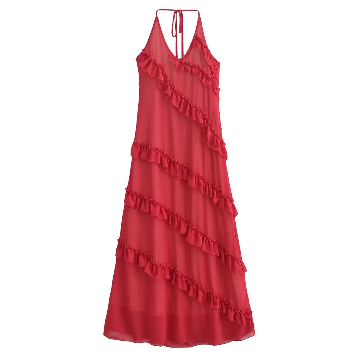Aiertu  -  High Street Women Sexy Backless Red Halter Ruffle Dress Summer Elegant Party Long Dresses A-line Maxi Vestidos Aiertu