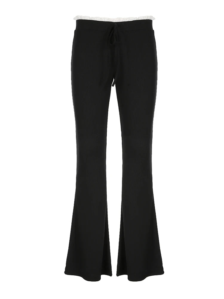 Aiertu  -  Black Knit Flared Leggings Women Kawaii Ruched Patchwork Low Rise Skinny Casual Pants for Summer Streetwear y2k Trousers Aiertu