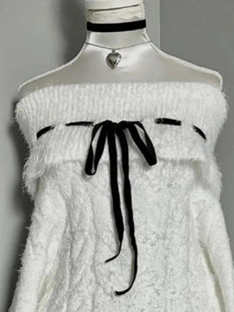 Aiertu  -  Y2k Aesthetic Bandage Lolita Sweater Women Slash Neck  Off Shlouder Twist Grunge Pullover Autumn Vintage Fairy Knitted Jumpers Aiertu