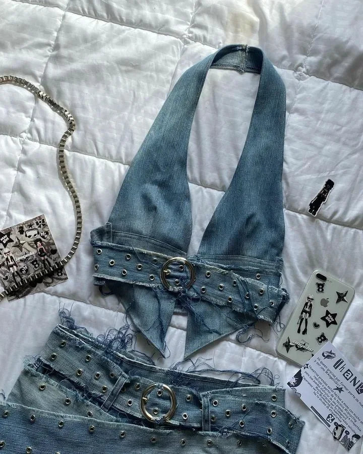 Aiertu  -  Y2K Sexy Mini Skirt Denim Tie Cross Bow Bandage Cape+denim Two-piece Zipper Strapless Tube Top Streetwear Set Aiertu
