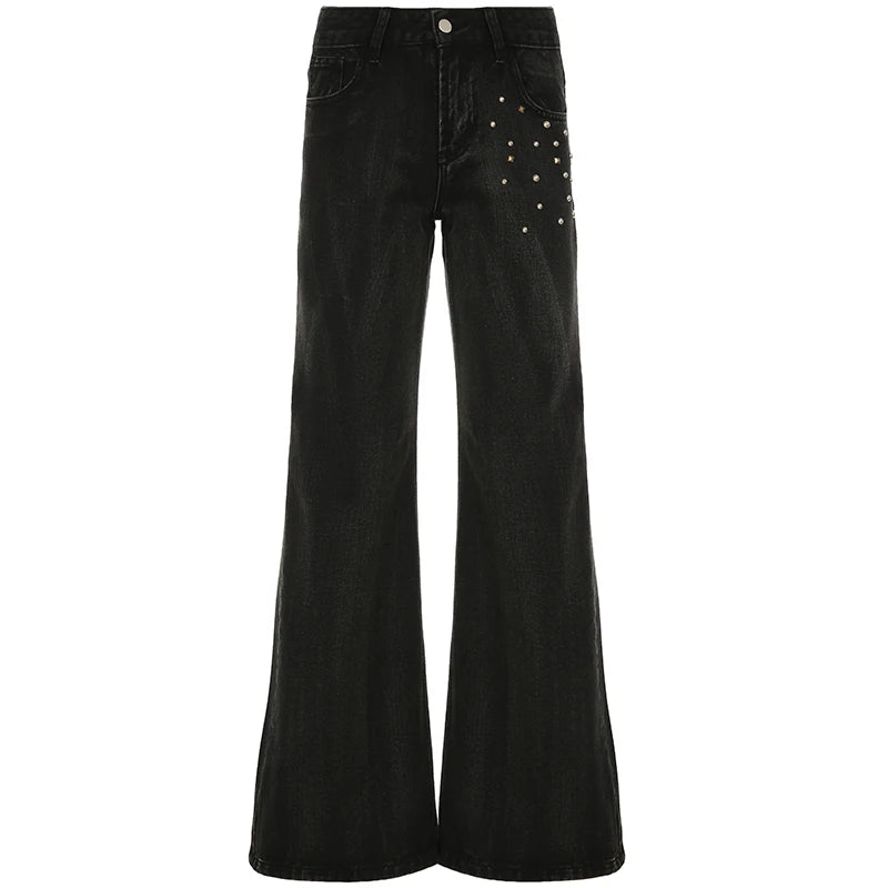 Aiertu  -  Grunge Aesthetic Flare Jeans Rivet Detail Y2K Fashion Retro Loose Fit Denim Pants High Street Punk Trousers Spring Aiertu