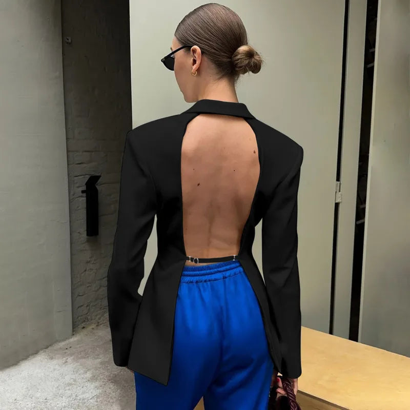 Aiertu  -  Elegant Women's Backless Suit Coats Chic Long Sleeve Covered Buttons Hollow Out Slim Blazers Coats Female High Street Outerwear Aiertu