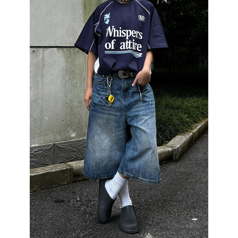 Aiertu  -  Summer Blue Baggy Denim Shorts Women Y2k Vintage 2000s Wide Leg Washed High Waist Streetwear Casual Fashion Loose Trousers Aiertu