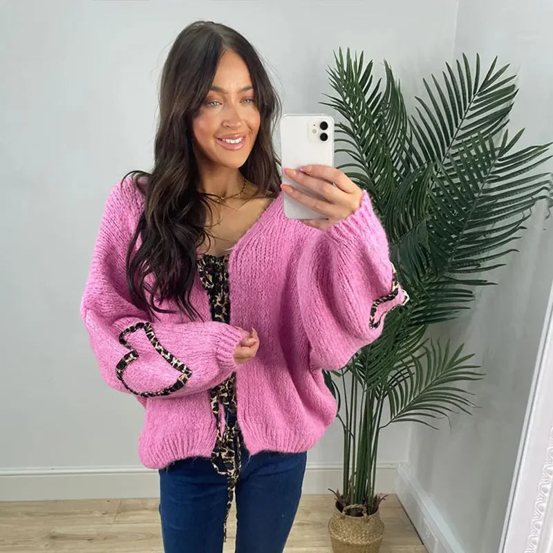 Aiertu     -  Fall Outfits 2026 Leopard Lace Up Cardigans Women Loose Long Lantern Sleeve V-neck Heart Print Patchwork Sweater 2026 Autumn Solid Female Knitwear Aiertu