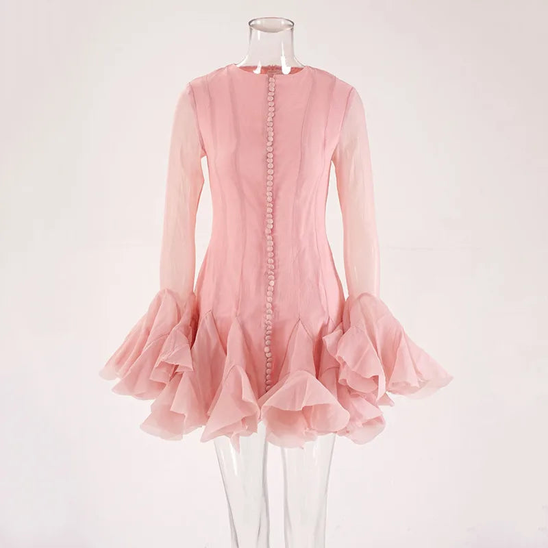 Aiertu  -  Women Irregular Pleated Patchwork Dress Fashion Long Flare Sleeve Waist Cinching Mini Dresses 2025 New Ruffles Slim Party Dress Aiertu