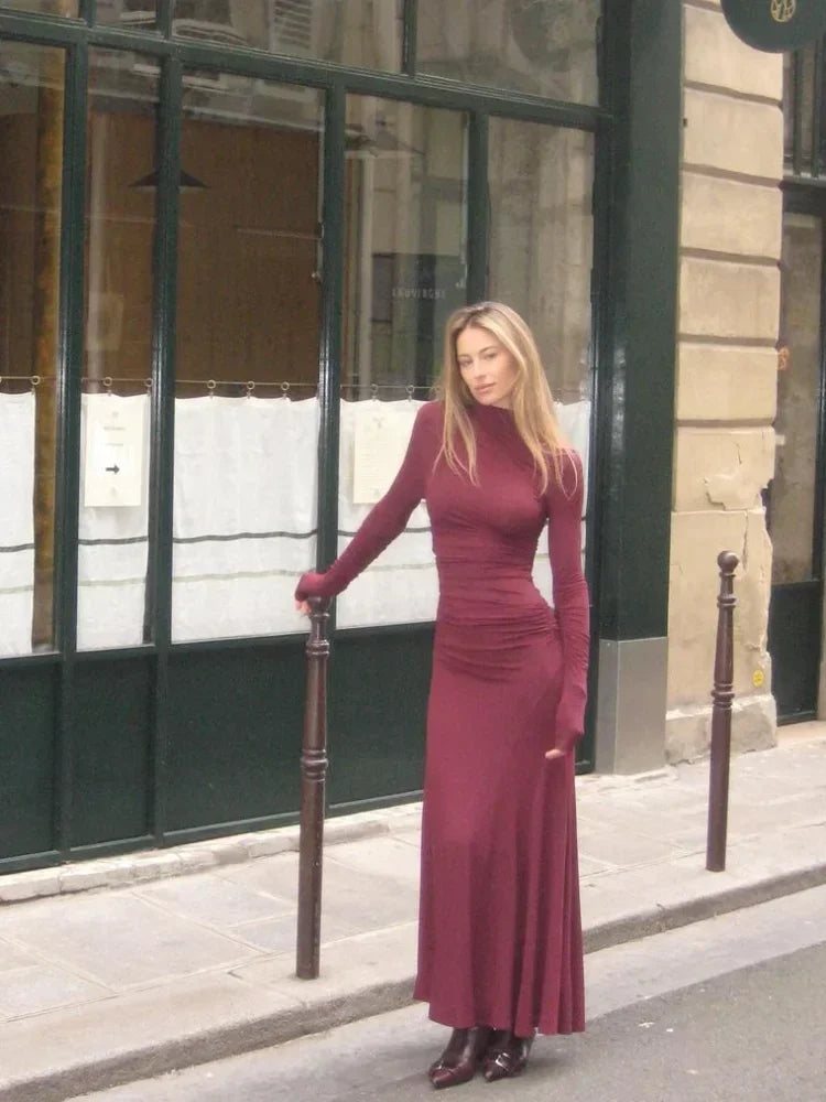Aiertu  -  Elegant Grape Purple Pleated High Collar Long Dress Women Fashion Long Sleeve Bodycorn Maxi Dresses 2026 Lady High Street Robes Aiertu