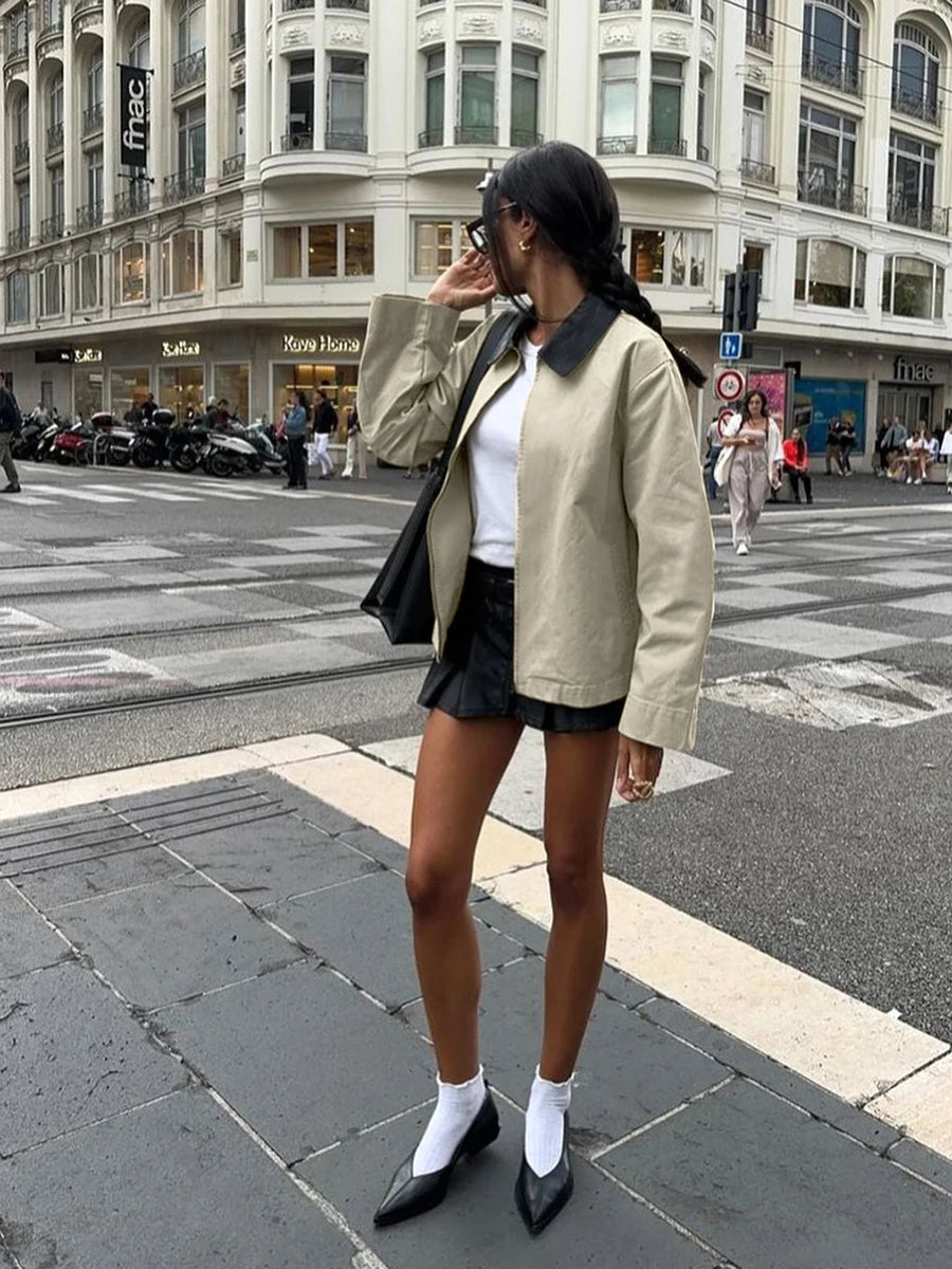 Aiertu  -   New Zipper Khaki Jacket Women Contrast Turndown Collar Long Sleeve Outerwear Autumn Winter Streetwear Vintage Fashion Jackets Aiertu
