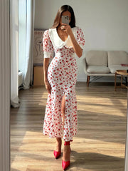Aiertu  -  Fashion Slim Print Women's Dress Summer Lapel Short Sleeve Ankle Length Dresses Elegant High Waist Slit Female Dress Aiertu