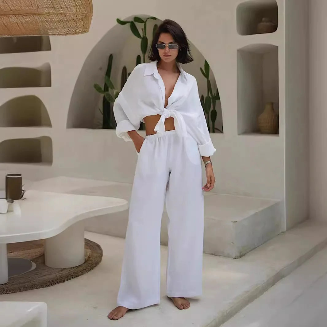 Aiertu  -  6-Colours 2pcs Casual Suit Women Clothing Loose Chic Polo Neck Long Sleeve Shirt Pants Suit Ladies Festival Outfit Aiertu
