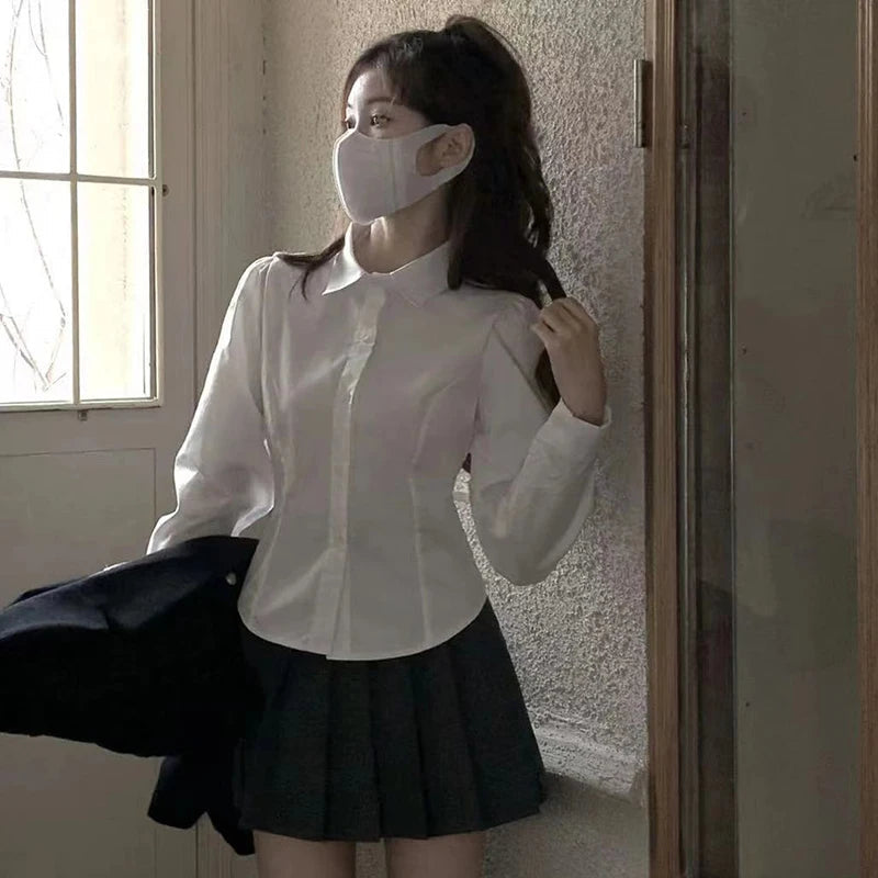 Aiertu Women's White Shirt Korean Preppy Style Long Sleeve Turndown Collar Blouse School Girl Uniform Student Slim Shirts Aiertu