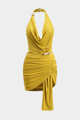 Aiertu  -  Metallic Detailing Ruched Cowl Neck Mini Dress Aiertu
