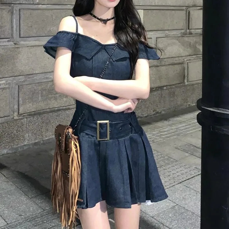 Aiertu  -  Sweet Hot Girl Retro Off Shoulder Denim Dress for Women's Summer Casual Slim Fit A-line Short Strap Dress Fashion Female Clothes Aiertu