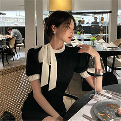 Aiertu  -  High-end Black White Splice Elegant Waist Dress Women Summer Pack Hip Short Office Ladies Dresses Casual O-neck Mini Dress Aiertu