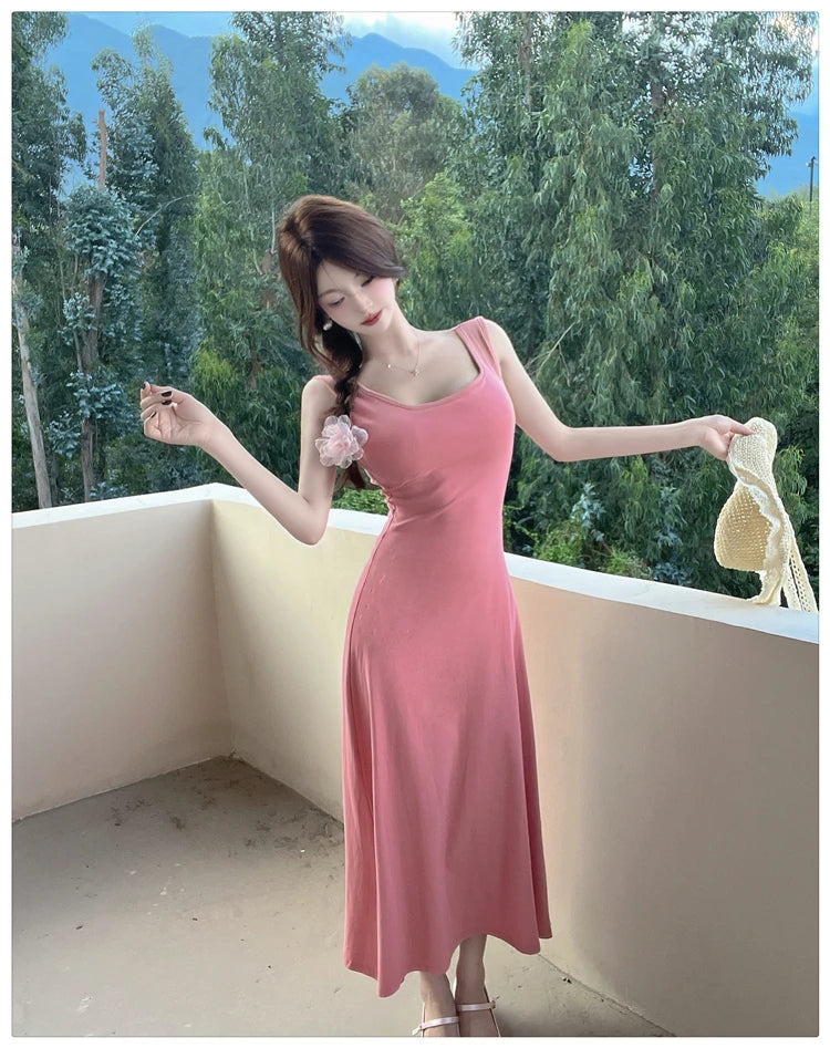 Aiertu  -  Spice Girl Sexy Strap Dress Women's Summer Sleeveless Slim A-line Solid Color Long Dress Fashion Female Clothes Aiertu