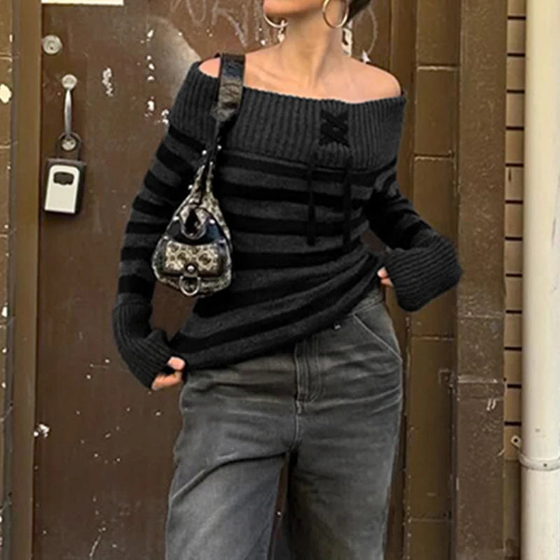 Aiertu  -  cold weather outfits Y2K Striped Off Shoulder Women Sweater Lace-up Chic Stylish High Street 2000s Jumper Autumn Harajuku Knitwear Tops Aiertu